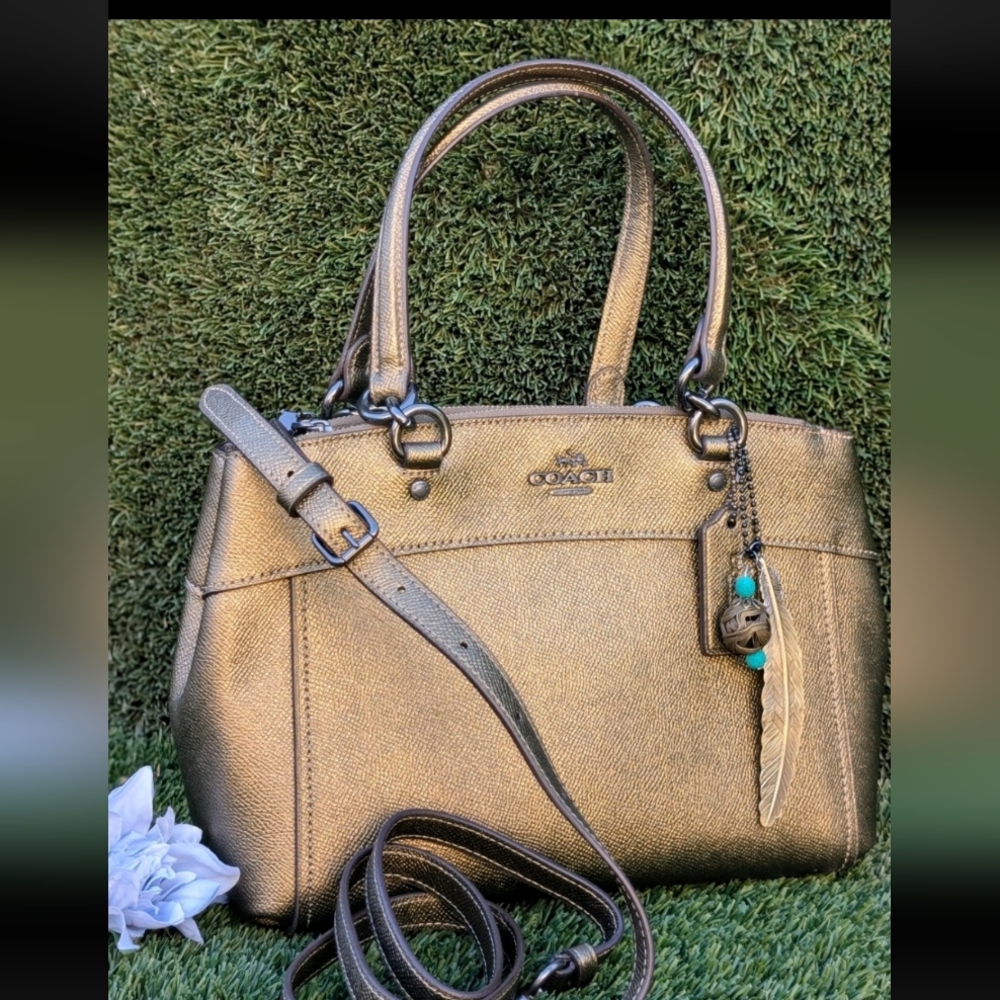 NEW Coach Mini Brooke Carryall Satchel Crossgrain Leather METALLIC FERN purse
